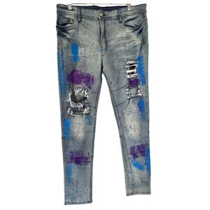 Red Ape Jeans Distressed Paint Splatter Light Wash Y2K 36x32 Purple Blue Denim